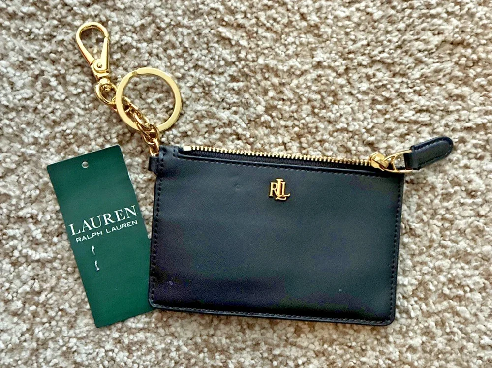 Lauren Ralph Lauren Full-Grain Leather Zip Card Case Keychain BROKEN Zipper